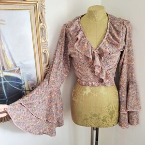 Zury Boho Luxury Silk Viscose Bell Sleeve Cropped Floral Wrap Blouse Free Size